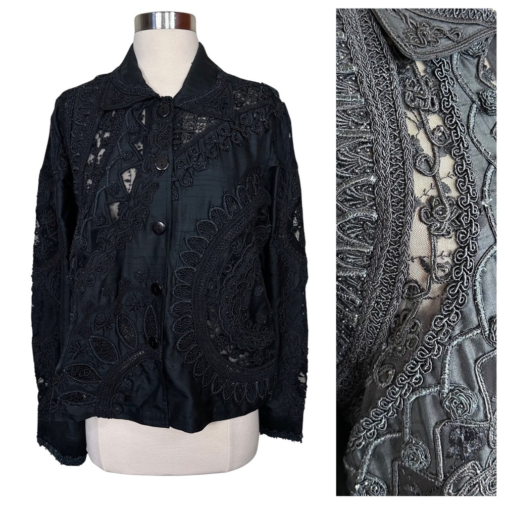 Sandy Starkman Black Silk Embroidered Beaded Sheer Lace Button Blazer Jacket L
